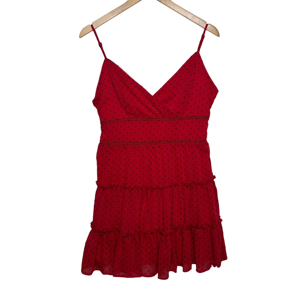 Altar'd State V-neck Swiss Dot Tiered Mini Dress size Large Red/Black